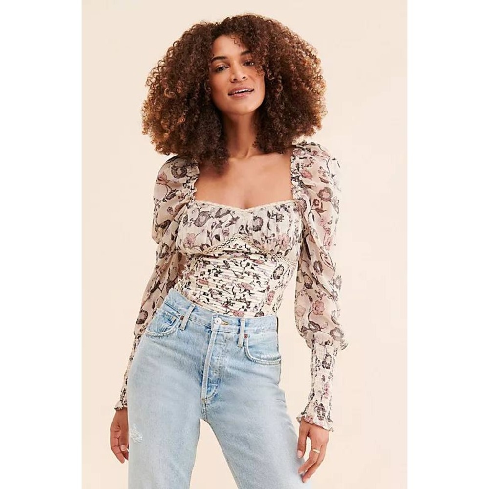 Free People Bodysuit Womens M Cream Floral Smocked Sheer Sleeve Boho Whimsical